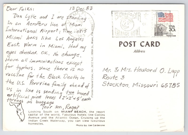 Miami Beach Florida~Air View River & Two Skylines~Continental Postcard