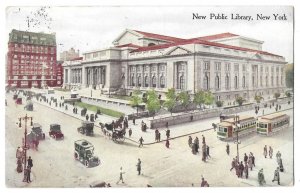 New Public Library, New York Postcard, Mailed 1917, Trolley Cars, Horse Carriage