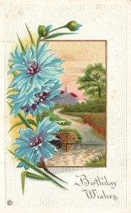 Vintage Postcard Birthday Wishes Cornflower Landscape Card Greeting Souvenir 