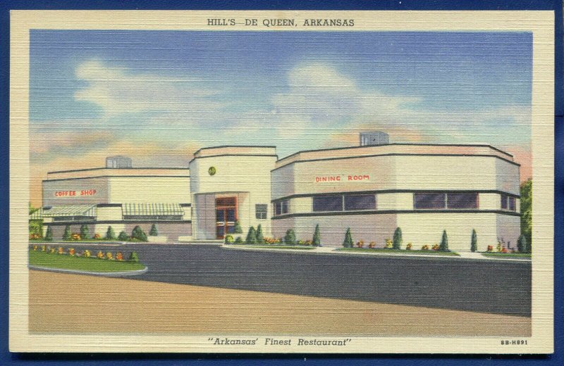Hill's Restaurant De Queen Arkansas old linen postcard United States