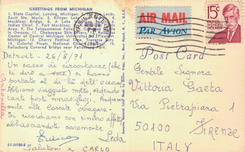 USA Greetings from Michigan Map Vintage Postcard 07.28