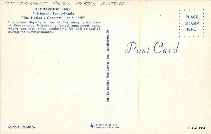 1950s Kennywood Park Amusement Rotor Wonday boats Pittsburgh PA postcard 5753