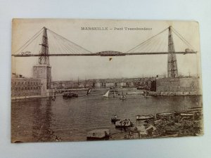 Vintage Postcard Marseille Pont Transboreur France Bridge Water and Boat Scene