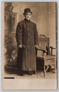 RPPC Dapper Gentleman Derby Hat Long Coat Studio Photo c1910 Postcard R30