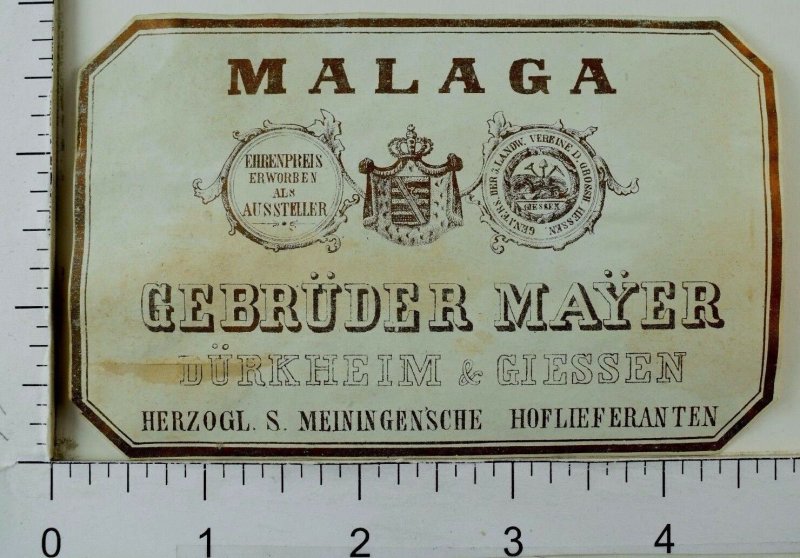 Vintage Bottle Label Malaga Gebruder Mayer Durkheim & Giessen *B