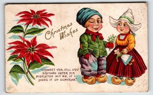 Christmas Postcard Dutch Children Wooden Shoes Embossed Vintage  Unposted