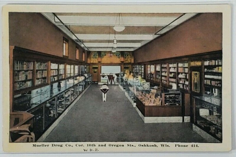 Oshkosh Wis Mueller Drug Co. Interior View 1915 Postcard M6