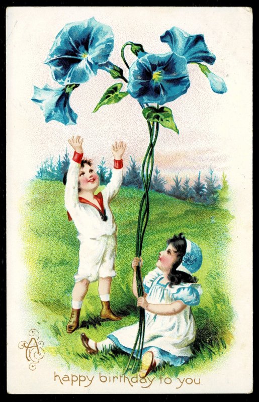 Happy birthday exagerrated Morning Glory embossed  - 1910