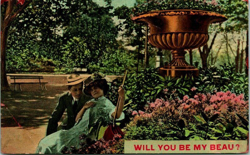 Vtg Postcard 1911 Romance Garden Flowers Big Hat - Will You Be My Beau?