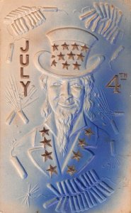 Heavy embossed blue Uncle Sam 4th of July postcard BE010