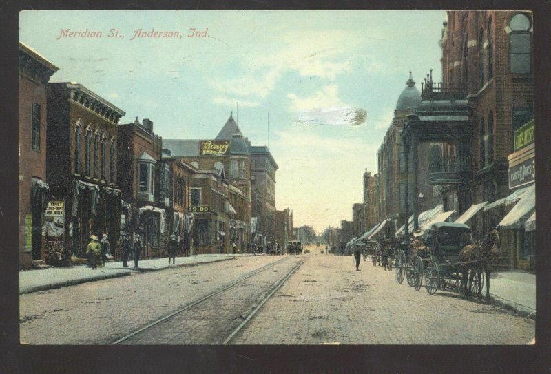 ANDERSON INDIANA DOWNTOWN MERIDIAN STREET SCENE VINTAGE POSTCARD 1909