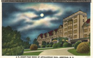 Vintage Postcard 1930's Night-Time Appalachian Hall Asheville North Carolina NC