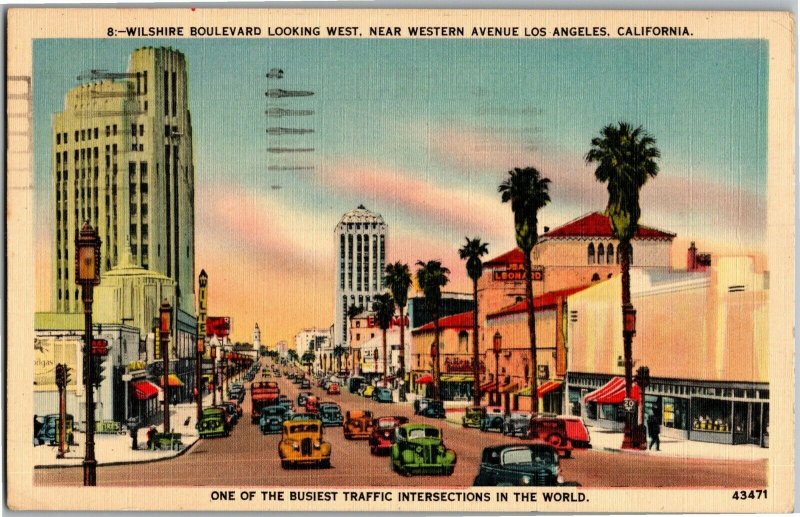 Wilshire Boulevard Looking West Near Western Los Angeles CA c1942 Postcard A25