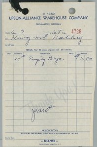 1968 Upson-Alliance Warehouse Company Thomaston Georgia for Bags Invoice 425