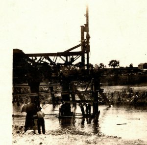 Men Working On Bridge Over River Vintage Standard View Postcad Garnett KS? RPPC 