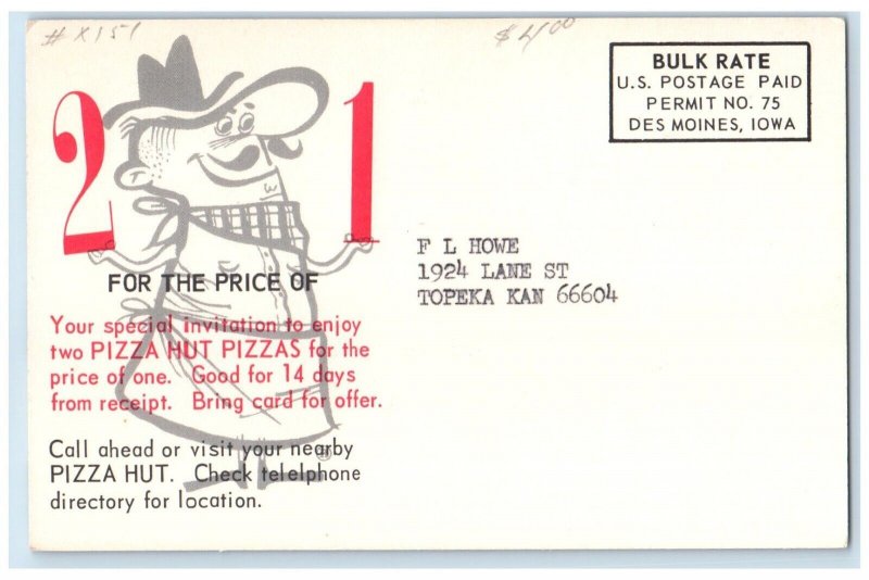 c1905 Pizza Hut Restaurant Dining Room Topeka Kansas KS, Multiview Postcard