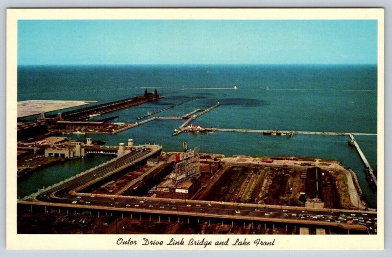 Outer Drive Link Bridge And Lake Front Aerial View Chicago Skyline Postcard