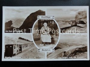 c1957 RP - Greeting Snowdon - showing Peak, Trains near the Summit, Llyn Padarn