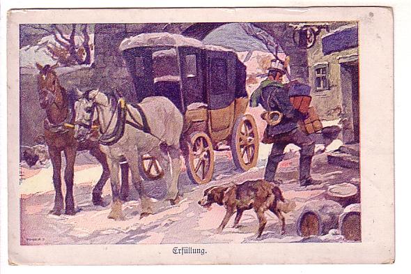 Beautiful Winter Scene with Dog and Covered Horse and Wagon, Erfulung, Germany