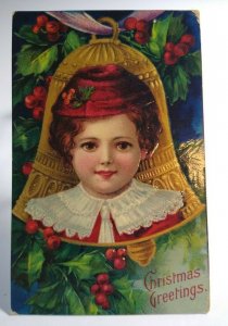 Victorian Christmas Postcard Girl Bell Ornament Series 1480 Germany 1909 Antique