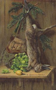 Rabbit Slaughtered By Handbag Hunting 3D German Old Postcard