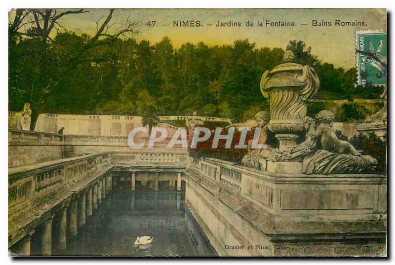 Old Postcard Nimes Jardins de la Fontaine Roman Baths