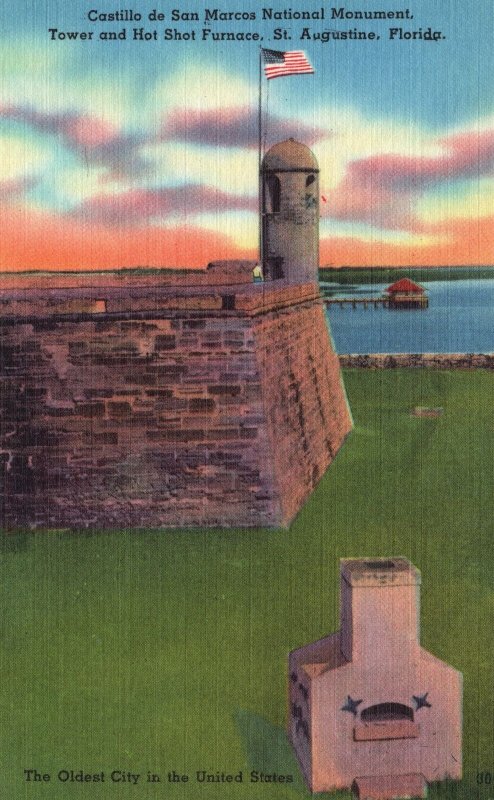 Vintage Postcard 1930's Monument Tower & Hot Shot Furnace St. Augustine Florida