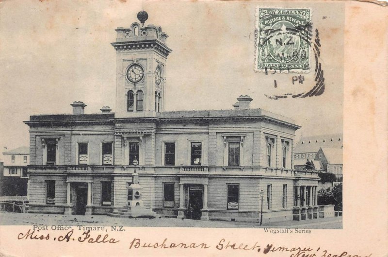 POST OFFICE TIMARU NEW ZEALAND TO NEW YORK USA POSTCARD EXCHANGE (c. 1904)