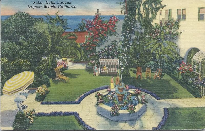 Patio, Hotel Laguna, Laguna Beach, California, early linen postcard, Used