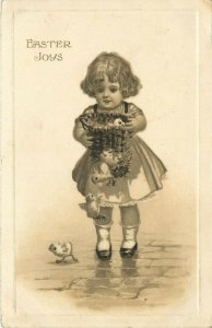 Vintage Postcard Little Girl With Chicks Falling From Broken Easter Basket