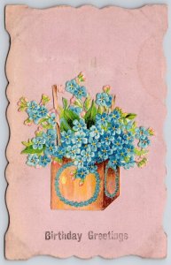 Vintage Postcard Happy Birthday Greetings Card Box of Mini Blue Flowers Blooms