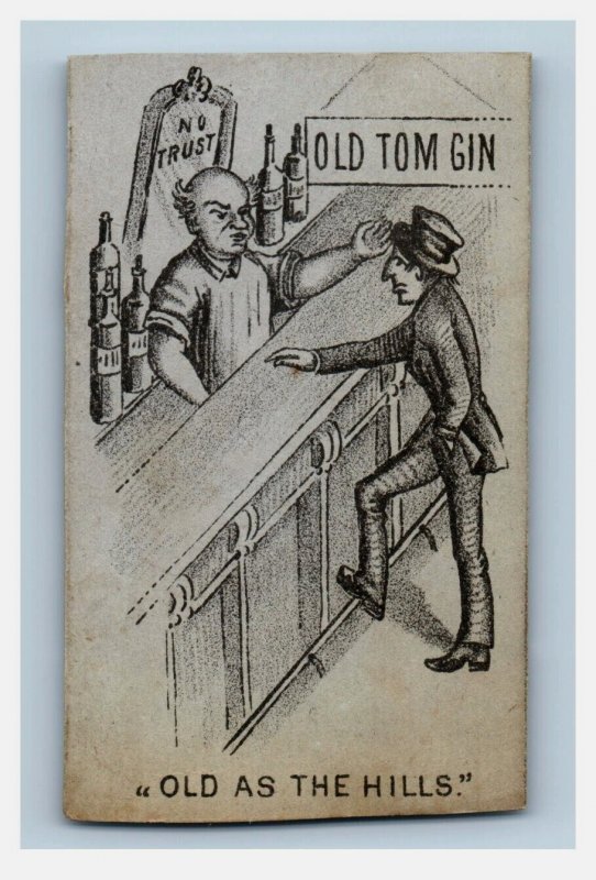 1870s-80s Victorian Comical Trade Card Bar Scene Drunk Old Tom Gin P81