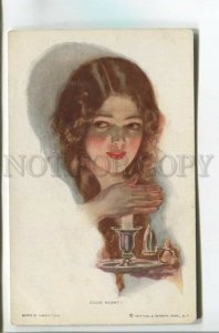 478113 Harrison FISHER Good Night GIRL in light of candle Vintage postcard R&N