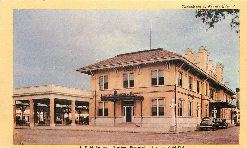 Autos Dexter 1940s Pensacola Florida L&N Railroad Station Street Scene 5671