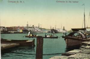 curacao, D.W.I., WILLEMSTAD, Entrance to Harbour, Steamers (1920s) Postcard (1)