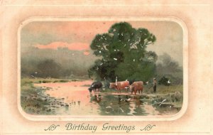 Vintage Postcard 1910's A Happy Birthday Greetings Cows Animals Lake Nature View