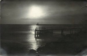 c1914 RPPC Postcard; Aarhus Denmark View of Dock & Pier by Moonlight, Lighthouse