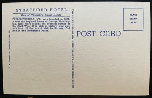 Vintage Postcard 1943 Stratford Hotel, Fredericksburg, Virginia  (VA)