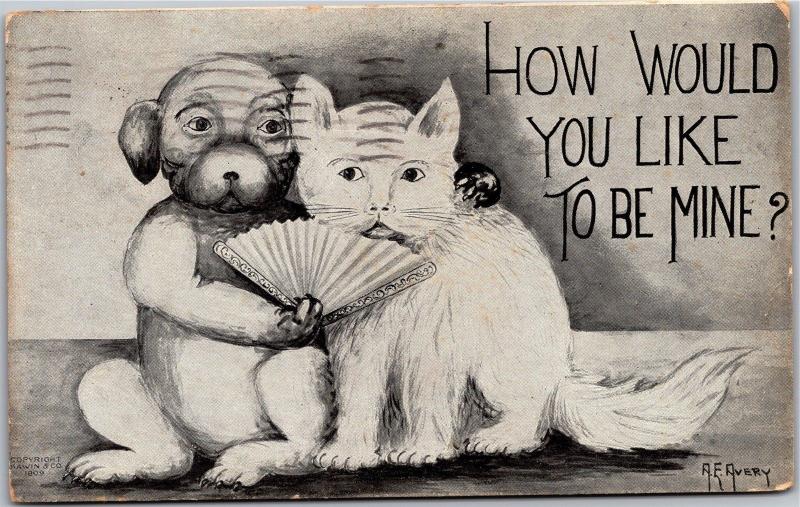 Dog with Cat, Fan How Would You Like To Be Mine? A.E. Avery Vintage Postcard L01