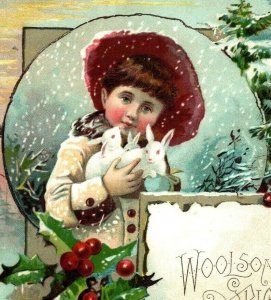 1880s-90s Christmas Lion Coffee Woolson Spice Co. Cute Child White Rabbits #5K