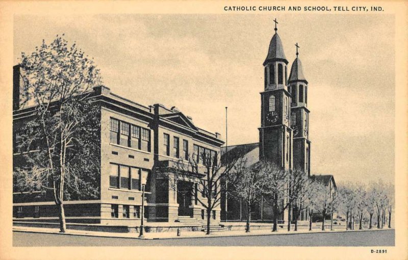 Tell City Indiana birds eye view Catholic Church and School antique pc ZC549119