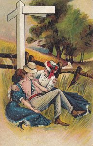 Romantic Couple Man With Two Beautiful Ladies Under Street Sign 1910