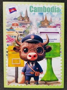[AG] P297 Cambodia Postman & Postbox Mailbox National Kouprey Ox (postcard *New