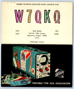 QSL Ham Radio W7QKQ Tektronix Portable Type Advertising Beaverton OR Postcard