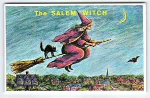 Halloween Postcard The Salem Witch City Crescent Moon Black Cat Church Village