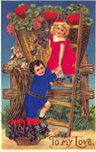 Silk Blue Dressed Boy Red Dressed Girl To My Valentine Embossed Postcard