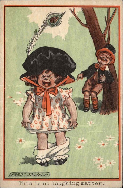 Fred Spurgin Little Boy Laughs at Little Girl Who Loses Pants c1910 Postcard