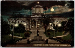 Columbus Ohio OH, 1916 State Capitol, Night View, Moonlight, Trees, Postcard