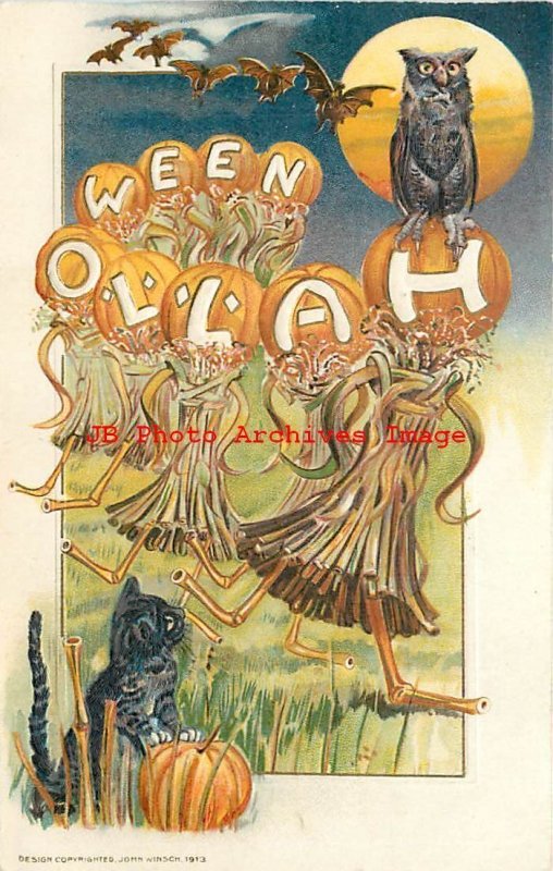 Halloween, Winsch 1913 No 3846-2, Dancing Haystacks with Pumpkin Heads, Owl, Cat 