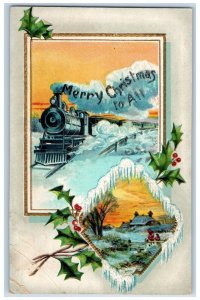 1912 Merry Christmas Locomotive Train Holly Berries House Manchester NH Postcard